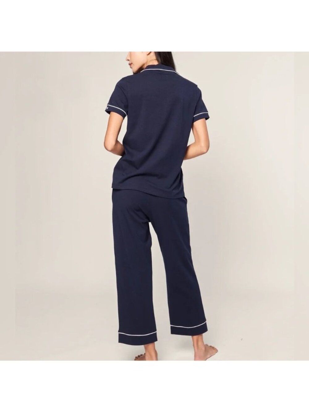 Petite Plume Navy Piped Pima Cotton Cropped Pajama Set SMALL S - Picture 2 of 9